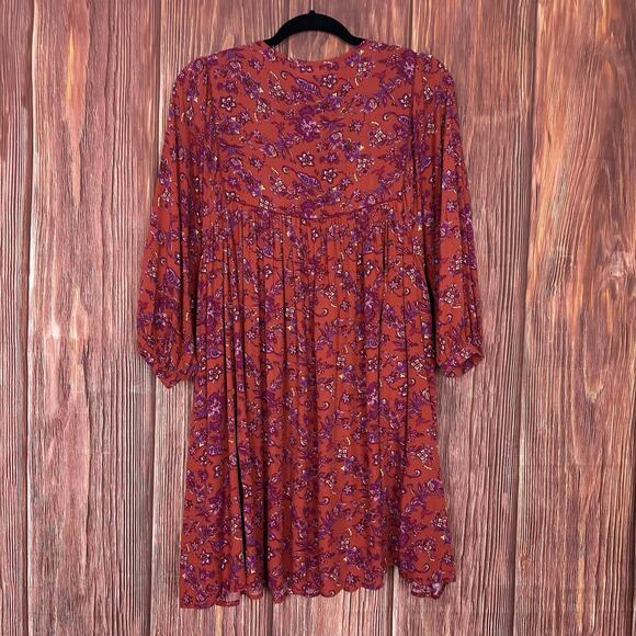 Natural life Rose Dress Rust Purple Floral Tie Neck Babydoll Womens Medium - Picture 7 of 7